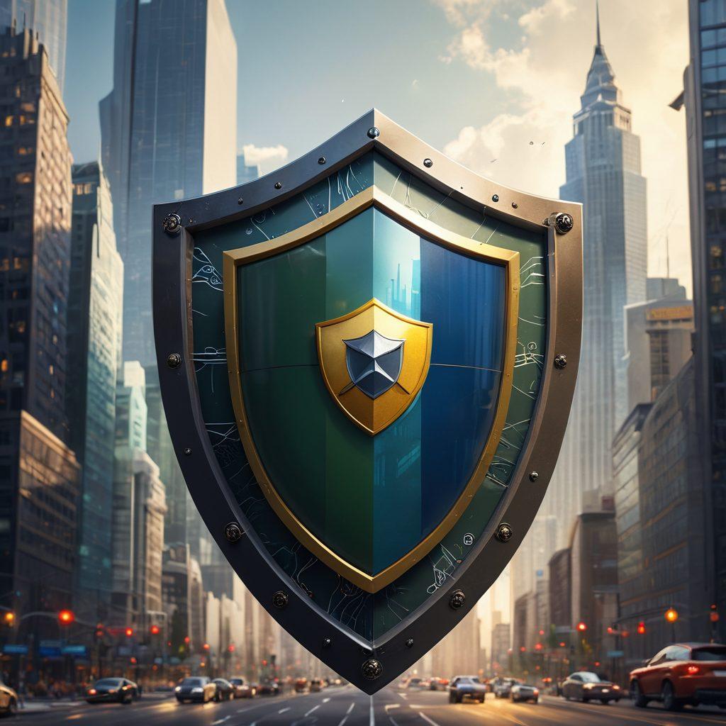 A dynamic shield symbolizing protection and security, layered with various icons representing risk management such as graphs, insurance symbols, and safety gear. The background features a futuristic city skyline to represent future planning and stability. Use a vibrant color palette to convey hope and trust, with dramatic lighting to emphasize the shield. super-realistic. vibrant colors. white background.