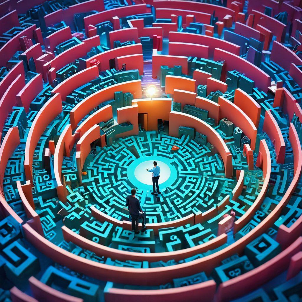 A maze made of insurance paperwork, with a bright light illuminating the exit. In the foreground, a person holding a magnifying glass examines different policy options while wearing a thoughtful expression. Symbols of various insurance types (home, auto, health) are scattered throughout the maze. The overall atmosphere conveys guidance and clarity amidst confusion. vibrant colors. super-realistic.