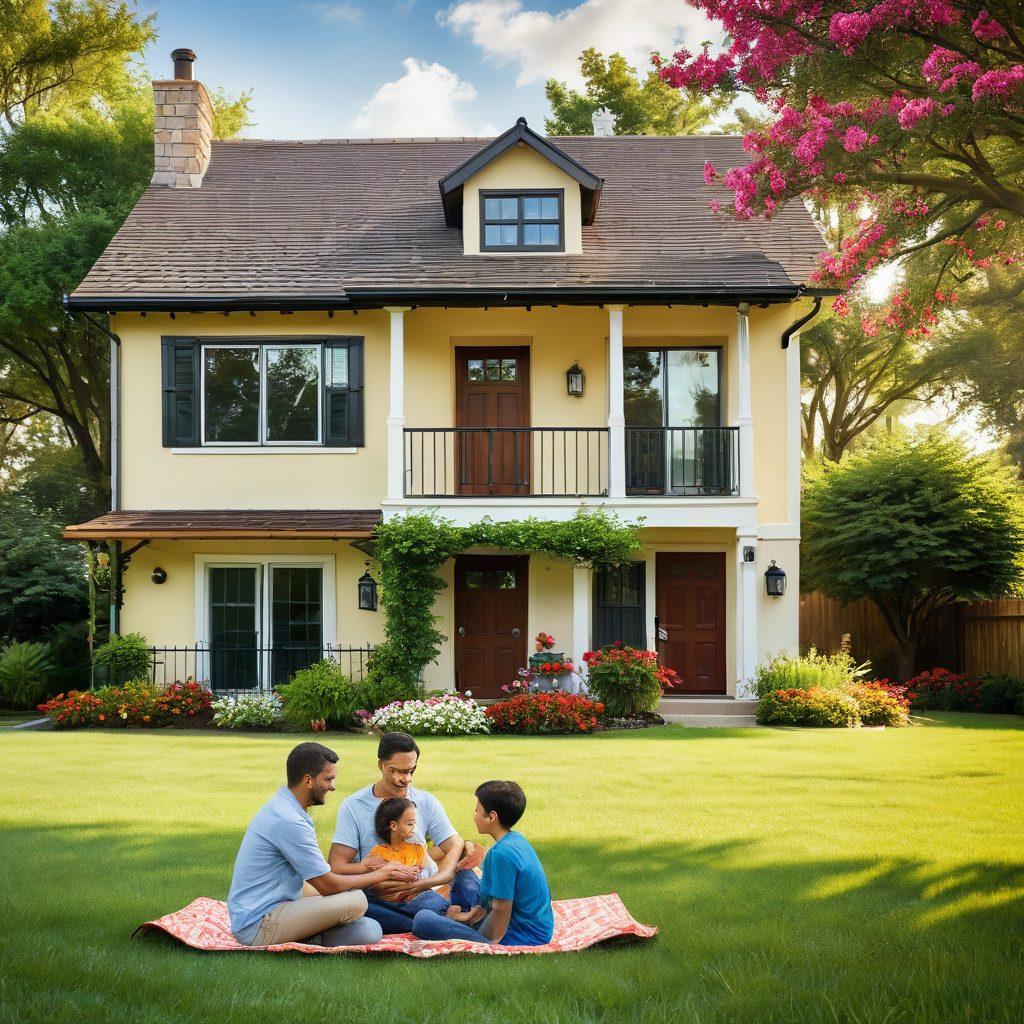 A cozy and secure home surrounded by various symbolic representations of insurance solutions like shields and umbrellas, reflecting safety and financial security. The image features a family happily interacting outside their home, with icons representing health, auto, home, and life insurance floating around them in a harmonious manner. Soft sunlight casts a warm glow, enhancing the feeling of protection and well-being. super-realistic. vibrant colors. soft focus.